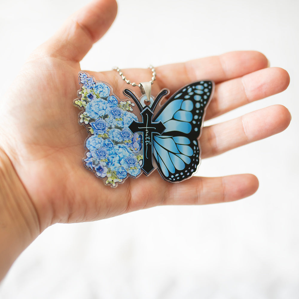 Faith Butterfly Rearview Mirror Ornament - Blue