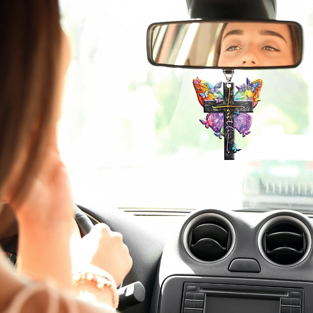 Faith Cross Butterfly Rearview Mirror Ornament