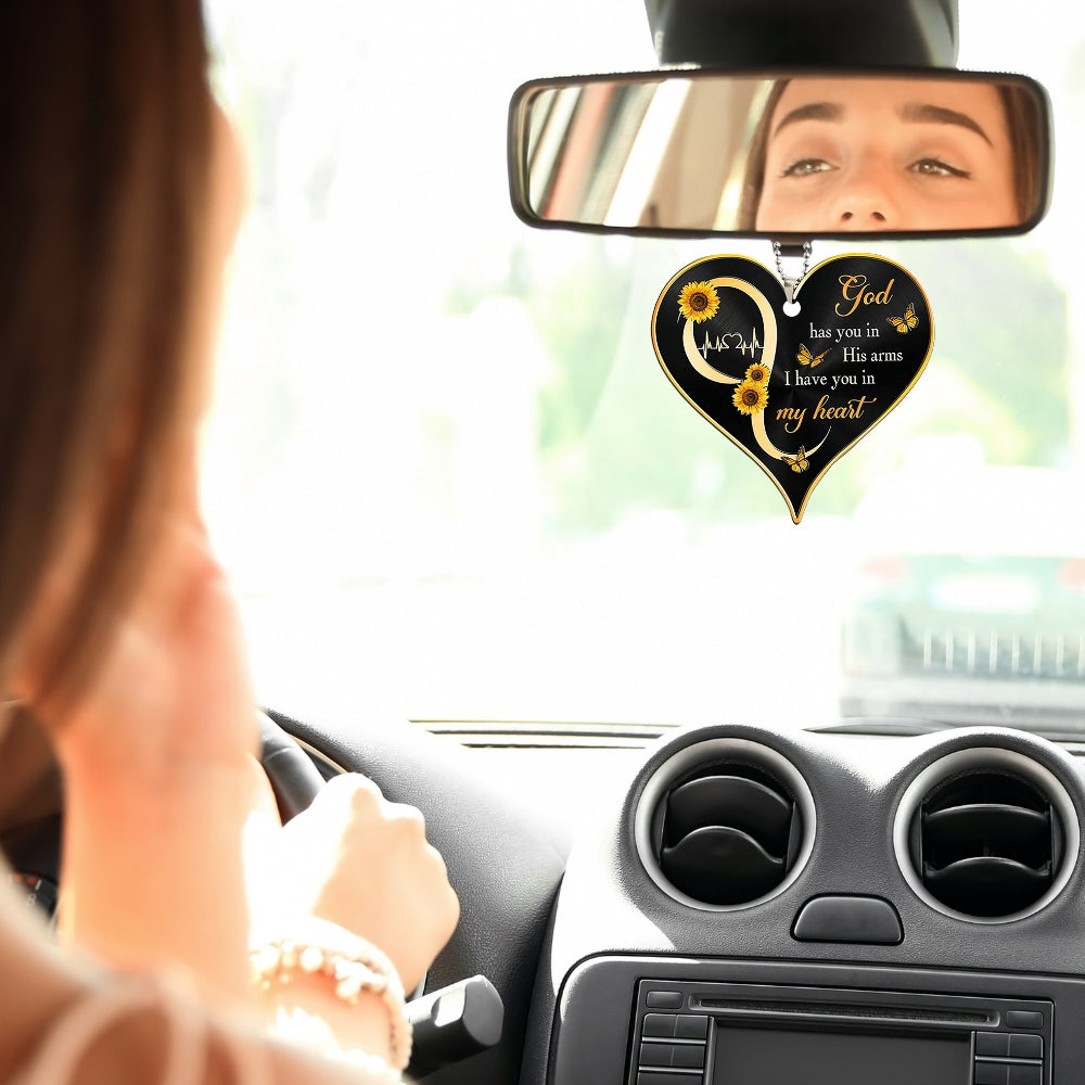 In His Arms Heart Rearview Mirror Ornament