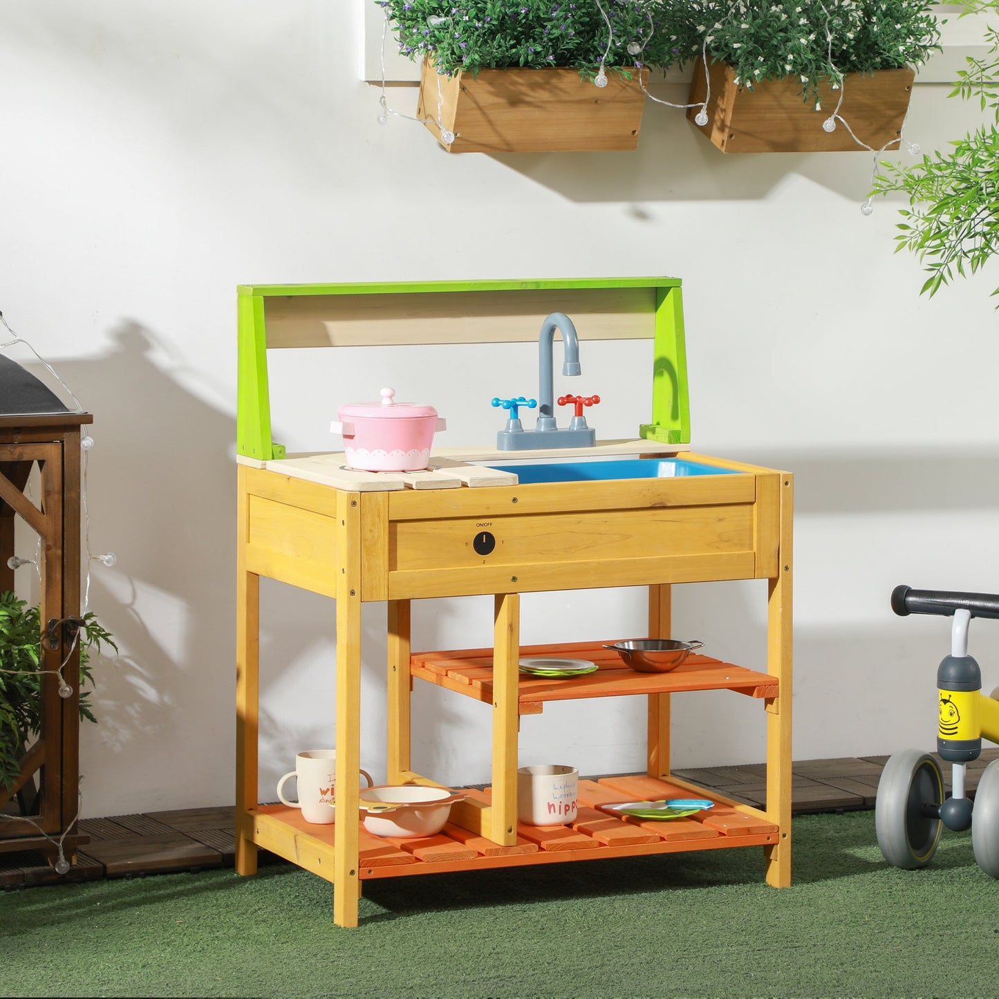 Outsunny Mud Kitchen Outdoor Kitchen Playset for Kids Wooden with Realistic Play Kitchen Toys, Faucet and Sink, Storage Shelves, Gift for Girls and Boys Aged 3-8 Years Old