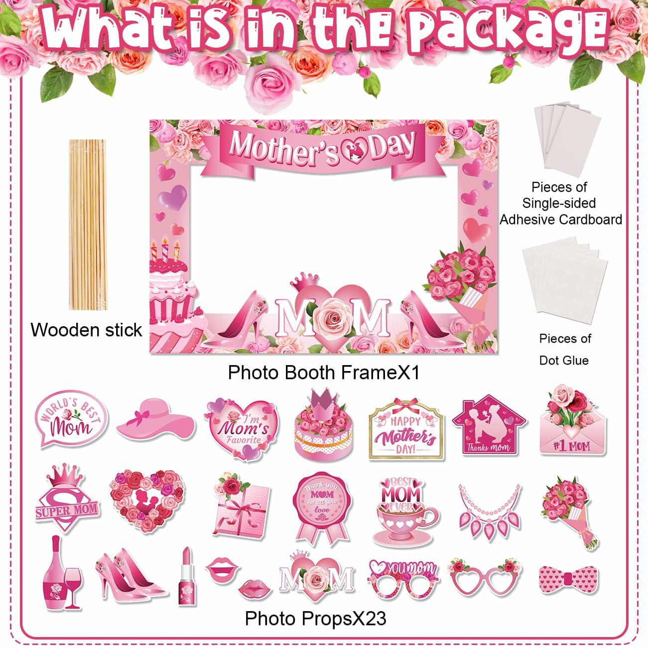 Mothers Day Decorations 23pcs Photo Booth Props Pink Frame Party Supplies