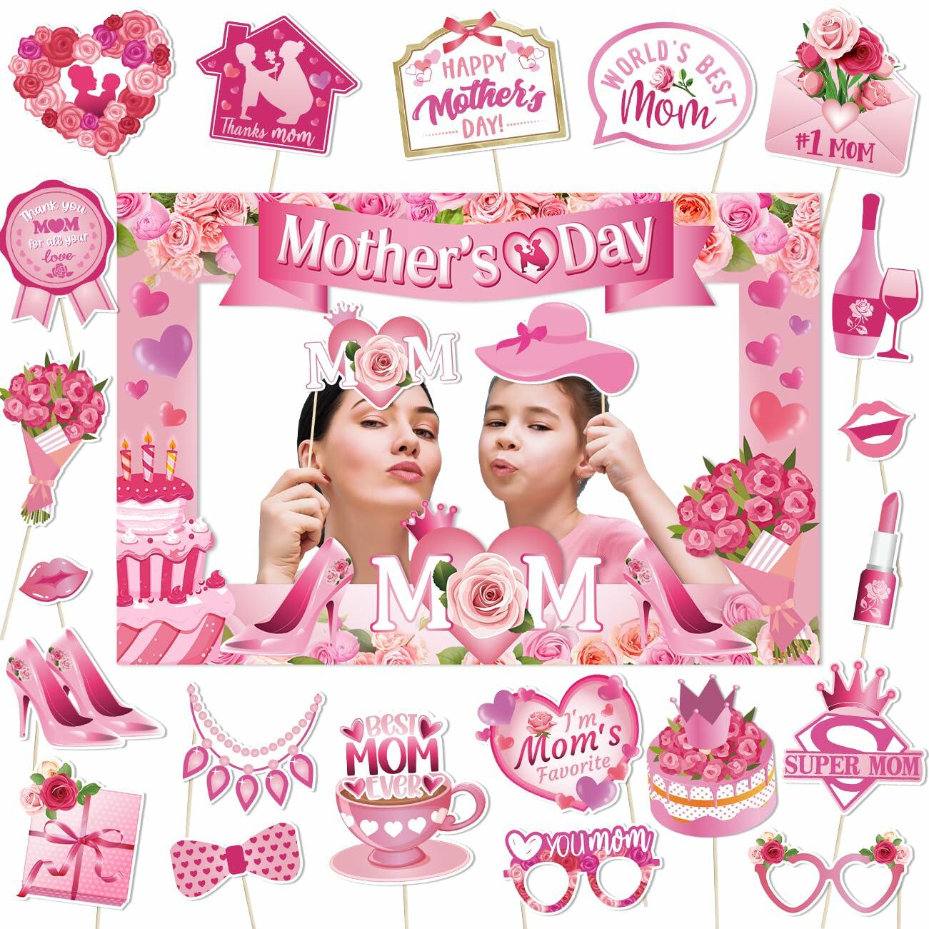 Mothers Day Decorations 23pcs Photo Booth Props Pink Frame Party Supplies