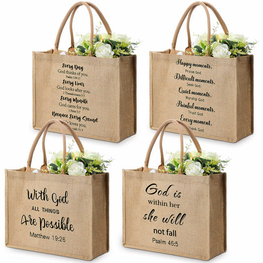 4 Pack Church Mother's Day Burlap Tote Bags 15.3x12x6 Inch Brown Handle