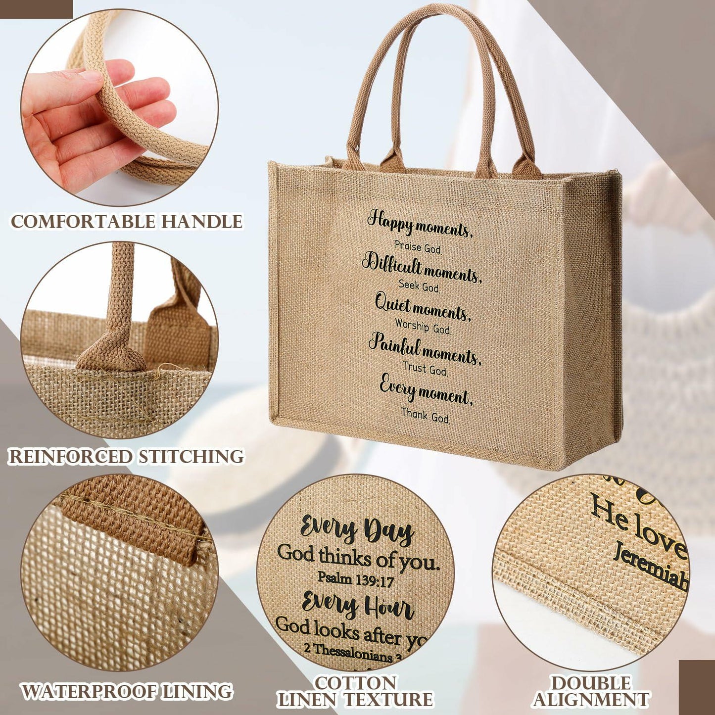 4 Pack Church Mother's Day Burlap Tote Bags 15.3x12x6 Inch Brown Handle