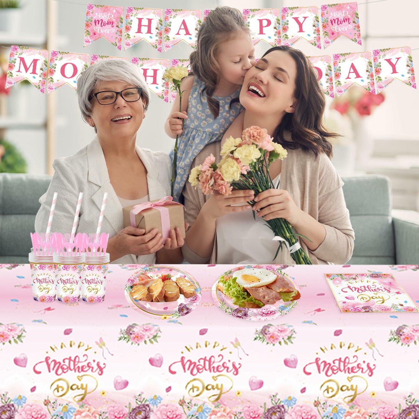 Janinus 162PCS Mothers Day Party Supplies Banner Tablecloth Heart Floral